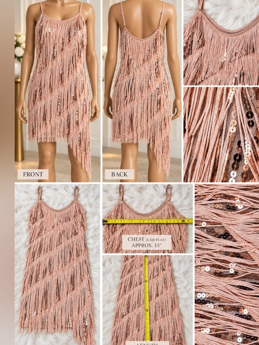 Rose Gold Sequin Fringe Dress Spaghetti Strap Statement Party Dress Size MEDIUM - Picture 2 of 3